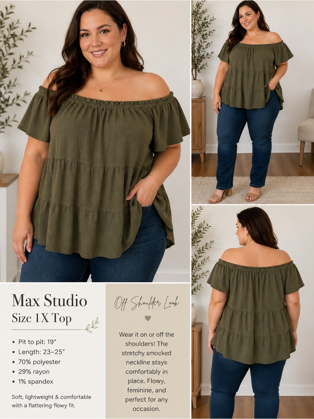 Max Studio Size 1X Boho Peasant Top – Olive Green off-Shoulder Festival